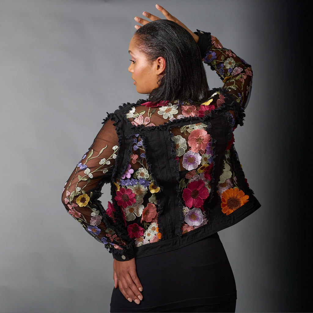 Adore Adore, Denim Lace Jacket in 3D Floral Embroidery in Black