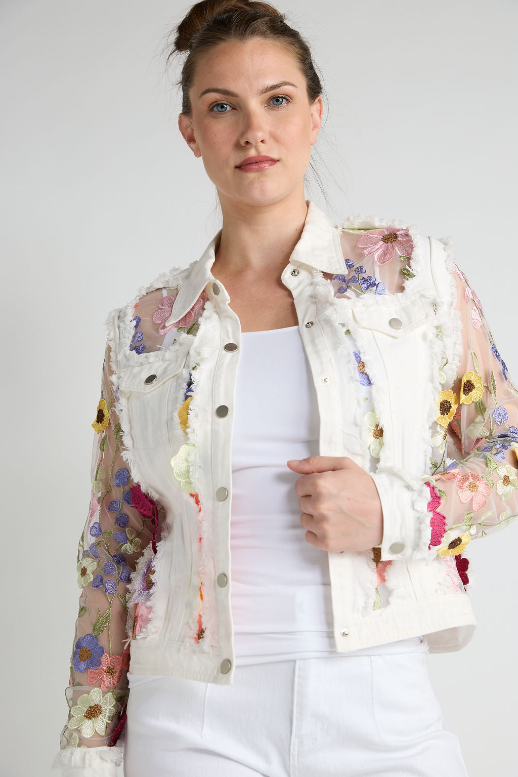 Adore Adore, Denim, Lace Jacket with 3D Floral Embroidery in White