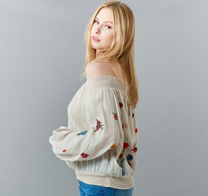 Aratta, reversible off shoulder cotton peasant top with floral embroidery-