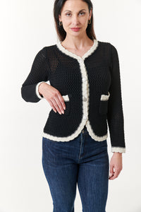 Aldo Martins, Sustainable Cotton Ani crochet knit jacket with contrast trim-Luxury Knitwear