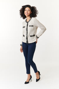 Aldo Martins, Sustainable Cotton Cal boucle knit jacket with contrast trim-Luxury Knitwear
