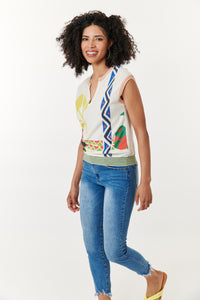Aldo Martins, Sustainable Cotton Blend, Mali sleeveless sweater with flower print- Capjuluca Collection-Luxury Knitwear