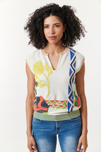 -Luxury KnitwearAldo Martins, Sustainable Cotton Blend, Mali sleeveless sweater with flower print- Capjuluca Collection