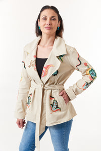 -New ArrivalsAratta, embroidered and beaded denim jacket with tye belt