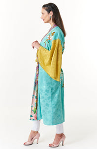 Aratta, Teal Jacquard, reversible maxi kimono with embroidery-New High End