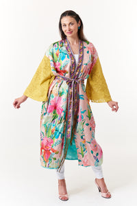 Aratta, Teal Jacquard, reversible maxi kimono with embroidery-Jackets