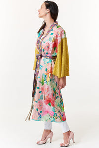 Aratta, Teal Jacquard, reversible maxi kimono with embroidery-Kimonos