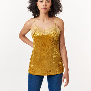 -New TopsAratta, Crushed Velvet strapped camisole top with lace