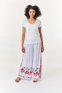 Bali Queen, Rayon Challis, contrast embroidered palazzo pants in white-Bottoms