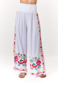 Bali Queen, Rayon Challis, contrast embroidered palazzo pants in white-Resort Wear