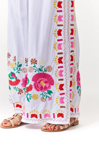 Bali Queen, Rayon Challis, contrast embroidered palazzo pants in white-Bottoms