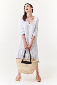 Amici for Baci, Organic Linen, crinkled 3/4 sleeve v-neck midi dress- Italian Designer Collection-