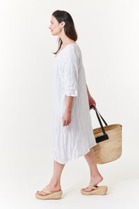 Amici for Baci, Organic Linen, crinkled 3/4 sleeve v-neck midi dress- Italian Designer Collection-Dresses