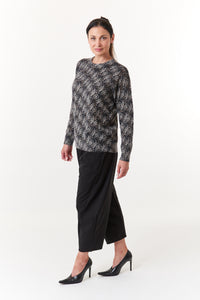 Maliparmi,  Alpaca, crew neck sweater fan print in taupe black-Italian Designer Collection-Sweaters
