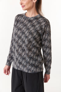 Maliparmi,  Alpaca, crew neck sweater fan print in taupe black-Italian Designer Collection-Tops