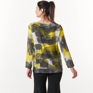 Melarosa, Silk, hand painted round neck blouse in mustard watercolor print-Italian Designer Collection-Tunics