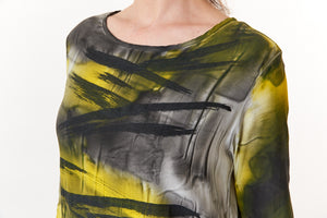 Melarosa, Silk, hand painted round neck blouse in mustard watercolor print-Italian Designer Collection-Stylists Top Picks