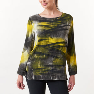Melarosa, Silk, hand painted round neck blouse in mustard watercolor print-Italian Designer Collection-Stylists Top Picks