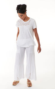 WILT, Cotton Crew Lace Yoke Sleeve Shifted Center Front Top in White-