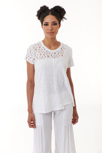 WILT, Cotton Crew Lace Yoke Sleeve Shifted Center Front Top in White-