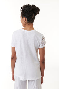 WILT, Cotton Crew Lace Yoke Sleeve Shifted Center Front Top in White-Promo Eligible