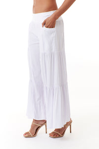 Bali Queen, Rayon Challis, tiered palazzo pants in white-Bali Queen