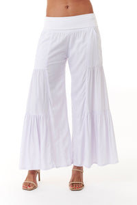Bali Queen, Rayon Challis, tiered palazzo pants in white-Resort Wear