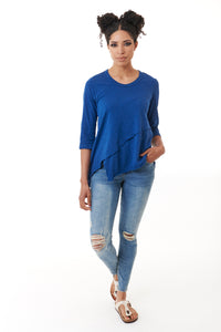 WILT, Cotton Crossover 3/4 Sleeve Tee Shirt in Bright Navy-