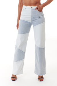 Tractr Jeans, Denim, high rise wide leg patchwork jean in lightwash-Wide Leg Jeans