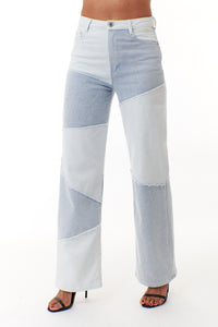 Tractr Jeans, Denim, high rise wide leg patchwork jean in lightwash-Wide Leg Jeans