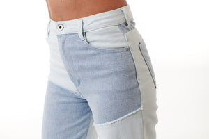 Tractr Jeans, Denim, high rise wide leg patchwork jean in lightwash-