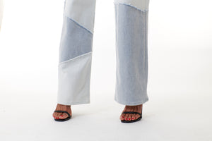 Tractr Jeans, Denim, high rise wide leg patchwork jean in lightwash-Tractr Jeans