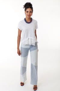 Tractr Jeans, Denim, high rise wide leg patchwork jean in lightwash-
