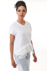 WILT, Short Sleeve Cotton Crew Top Mixed Fabric Hem in White-Promo Eligible