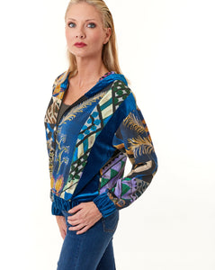 Aldo Martins, Gia sustainable Velvet Printed Hoodie Jacket in blue-Outerwear