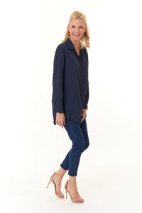 Amici for Baci, Rayon, silky pleats button down shirt jacket in Navy- Italian Designer Collection-Promo Eligible