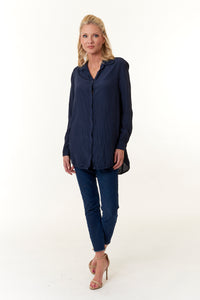 Amici for Baci, Rayon, silky pleats button down shirt jacket in Navy- Italian Designer Collection-Tops