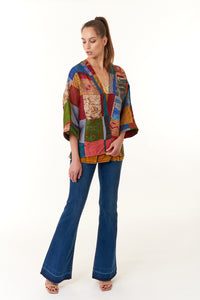 Aratta, Silk, Audrey hand stitched Kimono in Patch Teal-New Jackets