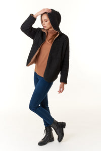 Hoodie Faux Sherpa Fur Reversible Jacket in black/ camel-Outerwear