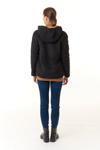 Hoodie Faux Sherpa Fur Reversible Jacket in black/ camel-New Outerwear