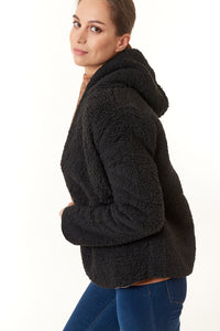 Hoodie Faux Sherpa Fur Reversible Jacket in black/ camel-Hoodie Faux Sherpa Fur Reversible Jacket in black/ camel