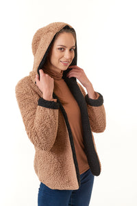Hoodie Faux Sherpa Fur Reversible Jacket in black/ camel-