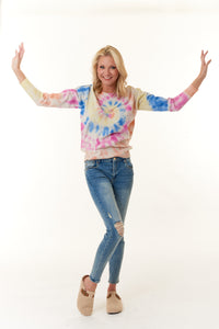 Kier & J, cashmere crewneck sweater in rainbow tye dye-