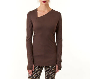 Maliparmi, knit, Assymetrical Ruched Tee Shirt in Dark Brown- Italian Designer Collection-Luxury Knitwear