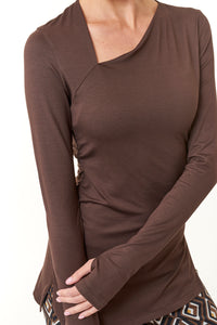 Maliparmi, knit, Assymetrical Ruched Tee Shirt in Dark Brown- Italian Designer Collection-