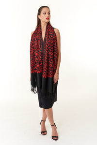 Sevya Handmade, Red Paisley hand embroidered wool shawl 28x72-