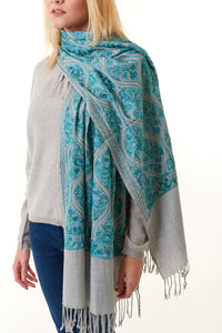 Sevya Handmade, Surani hand embroidered wool shawl 28x72-