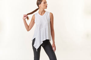 -New TopsWilt, cotton slub, assymetrical flyaway hem sleeveless shell in white