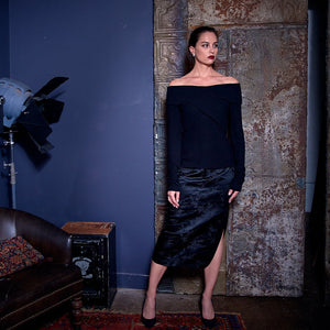 Garbolino Couture, Silk Brocade, Midi Pencil Skirt in Black-High End Pants
