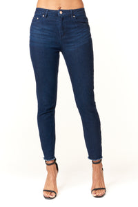 Tractr Jeans, high rise fray hem skinny jean in dark wash-New Bottoms